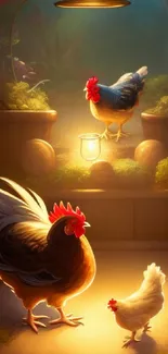 Chickens illuminated by warm glowing light in a serene mobile wallpaper.