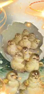 Adorable chicks emerge from an eggshell amidst golden swirls.