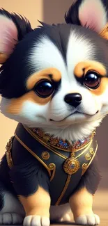 Adorable chihuahua in royal attire with big eyes and elegant accessories.