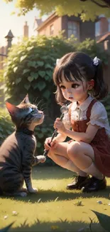 A girl and cat in a sunlit garden, creating a whimsical and serene atmosphere.