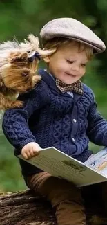 Child reading with a dog on a log in a lush green setting.