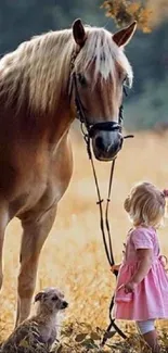 Little girl with horse in a sunny field.