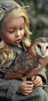 Child and owl surrounded by nature in a serene, earthy-toned setting.