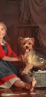 Young girl with a dog in a rustic bubble-filled setting.