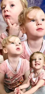 Child in pink shirt with thoughtful gaze against a serene beach and sky background.