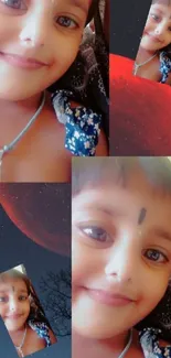 Collage of a smiling child with a cosmic background, featuring dark red tones.