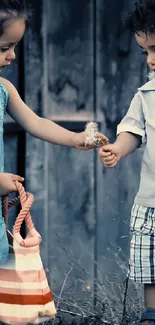 Two children in vintage attire share a moment outdoors.