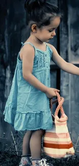 Girl in a blue dress holding a bag against a rustic background.