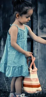 Young girl in blue dress with striped bag.