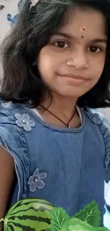 A young girl in a blue dress with butterflies and fruits.