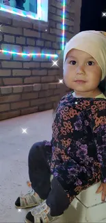 Adorable child in floral attire with sparkling lights.