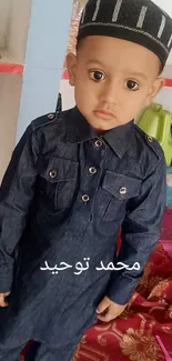 Child in denim outfit with embroidered cap.