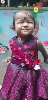 Happy child in a purple dress with floral accents smiling brightly.