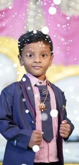 Child in a formal suit poses with a vibrant pink backdrop.