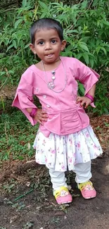 Young child in pink jacket with green garden background.