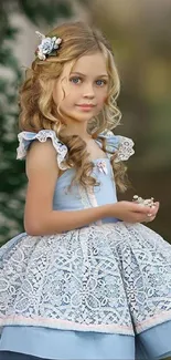 Adorable girl in a blue lace dress with floral accents.