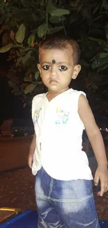 A child stands outdoors at night among trees with a casual outfit.