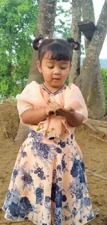 Young girl in floral dress standing in forest.