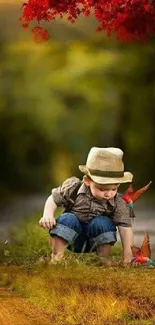 Child exploring nature under red leaves.