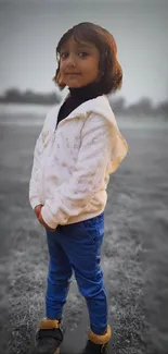 Child standing outdoors in casual attire with a soft gray background.