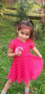 Girl in pink dress holding a flower outdoors.