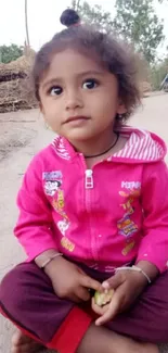 Adorable child in pink jacket sitting outdoors, looking curious.