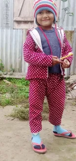 Child in red polka dot outfit with colorful hat, standing outdoors.