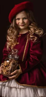 A young girl in burgundy dress holding a jar with nuts, against a dark background.