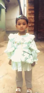 Charming child in pastel green dress standing in a rustic alleyway.