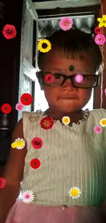 Child in a rustic room with glasses, warm colors.