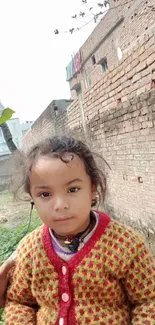 Cute child in a colorful sweater with a rustic background outdoors.