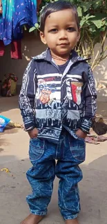 Young child in village setting with blue jeans and vibrant shirt outdoors.