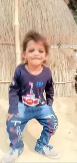 Child with charming smile in front of staw hut.