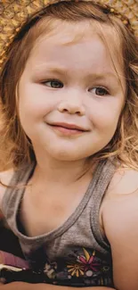 Smiling child in straw hat against blurred background.