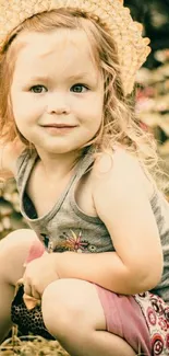 Charming child wearing a straw hat, smiling in a garden.