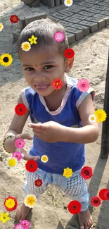 A joyful child playing outdoors under sunlight.