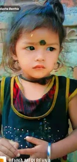 Child in traditional dress against a rustic wall.