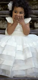 Young girl in white dress on stone steps.