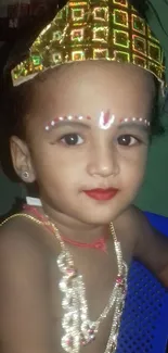 Child dressed as Krishna in colorful attire with crown.