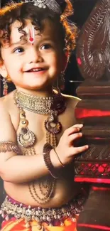 Adorable child dressed as Krishna with ornate jewelry.