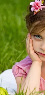 A young girl with a flower headband lying on grass.