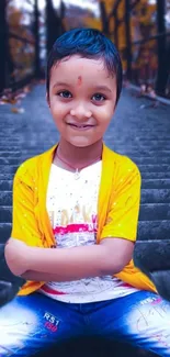 Charming child in yellow jacket on stone stairs.