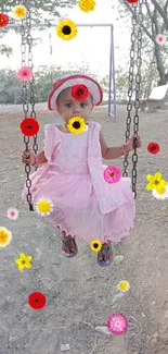 Adorable child in pink dress sitting on a swing in a park.