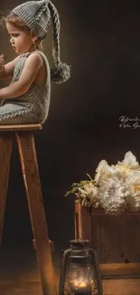 A child sits on a stool adorned with flowers, enveloped in soft warm light.