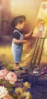 Young child painting on an easel in a whimsical garden setting.