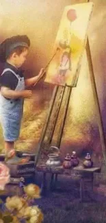 Child painting on easel in vintage setting.