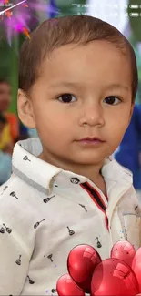 Portrait of a young child with balloons and vibrant background design.