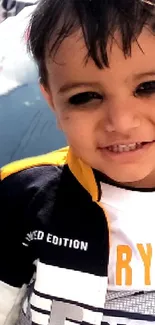 Portrait of a smiling child in navy blue and white outfit.