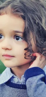 Portrait of a child with curly hair, peaceful expression.