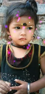 Charming child portrait with sparkles and a rustic background.